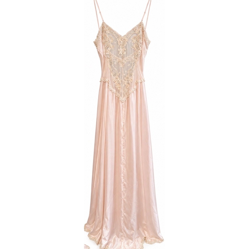 Victoria's Secret Nightgown Womens Large Pink EUC Lace Beaded Satin Maxi Vintage